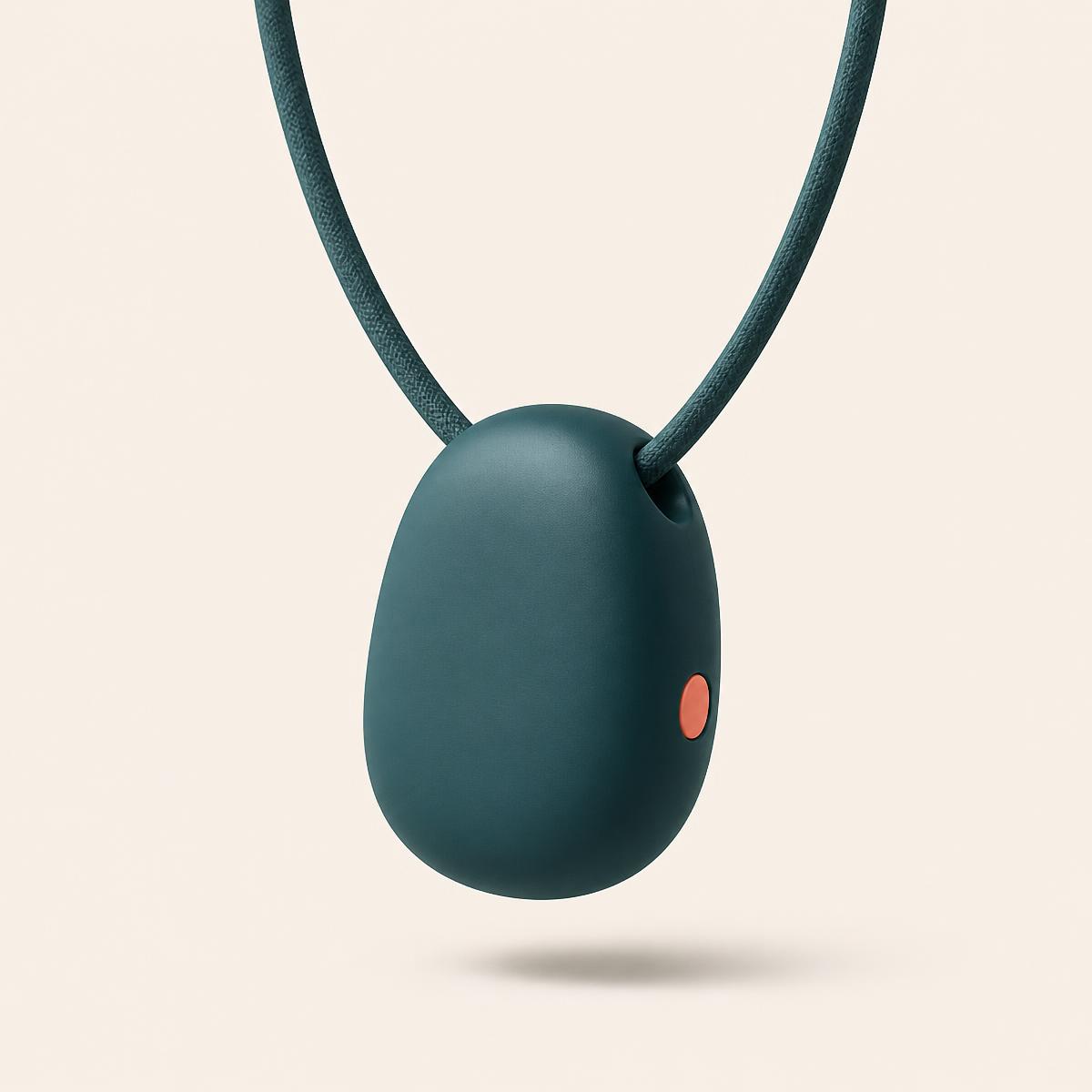 Fledge pendant device — a soft teal screen-free wearable on a fabric cord